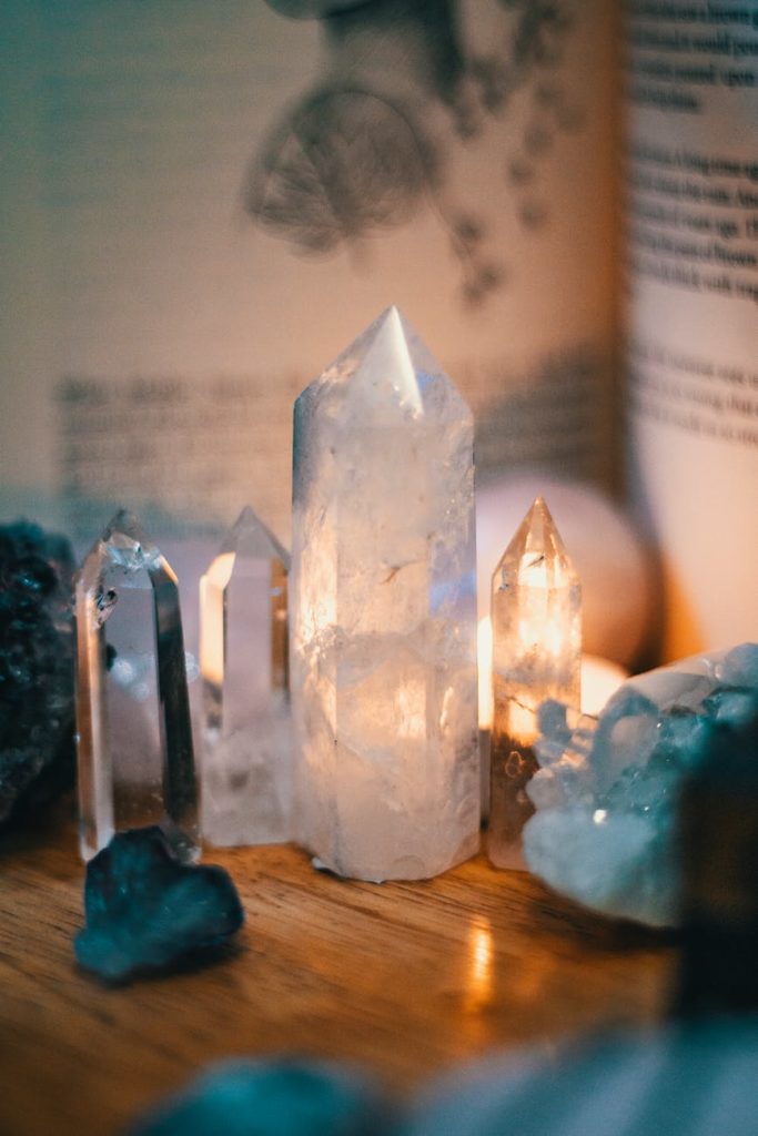 crystals on wooden table